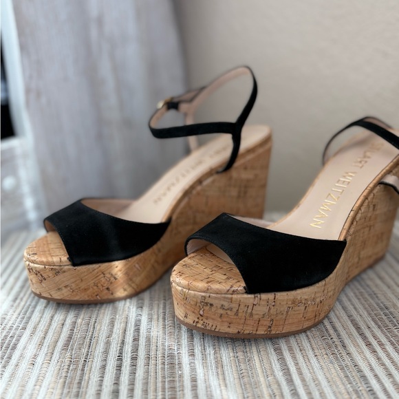 NEW Stuart Weitzman Black Suede Leather Cork Wedge Heels New with Dust/Box $425 - Picture 5 of 6